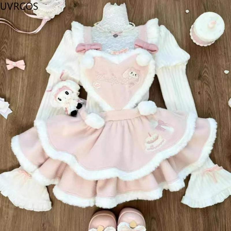 Pink Sweet Lolita Dress 3 Piece Set Autumn Winter Women Cute Bow Bunny Hooded Cloak Kawaii Cartoon Slim Dresses Gothic Y2k Suit