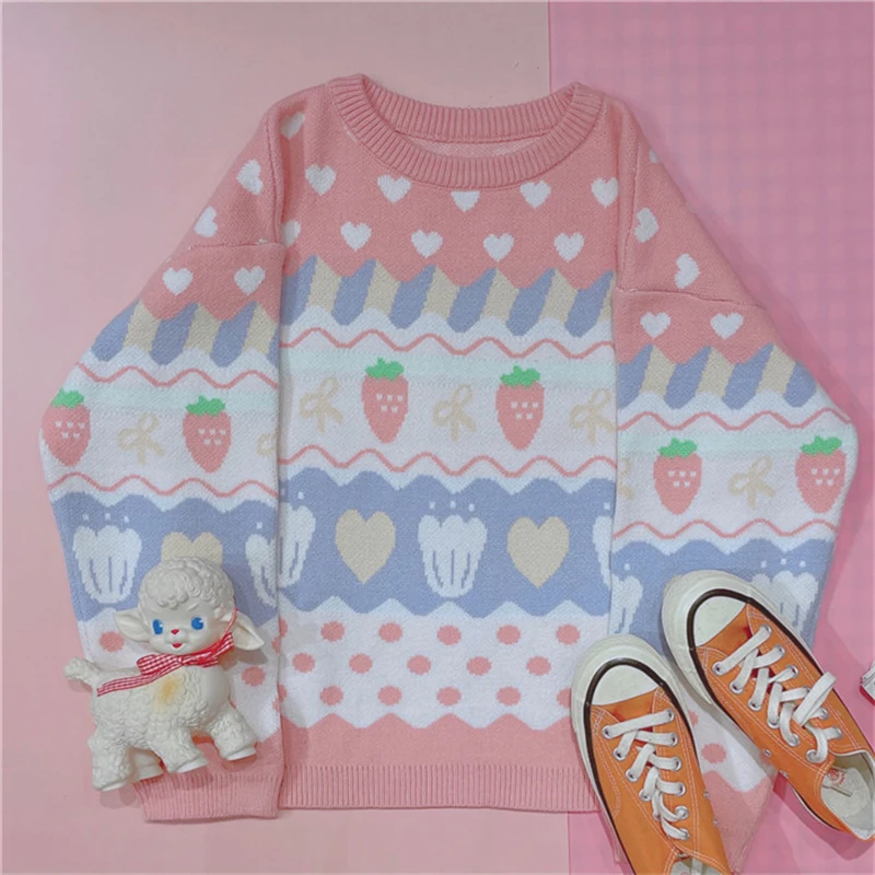 

Spring Wear Top Sweater Soft Girl Japanese Style Lazy Pink Strawberry Printed Loose Outer Wear Age-Reducing Knitwear Women's