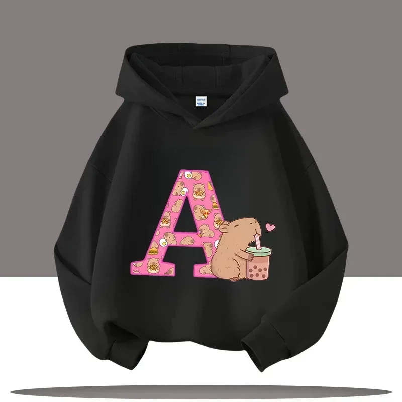 Capybara Hoodie Cute Kawaii Boba Tea Alphabet Letter Heart Pink Black Aesthetic Oversized Casual Sport Sweatshirts