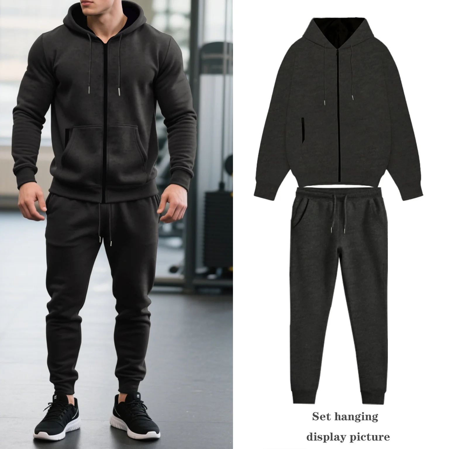 

Cross-border men's autumn and winter hooded sweatshirt thermal zipper loose casual long-sleeved sweater trousers set