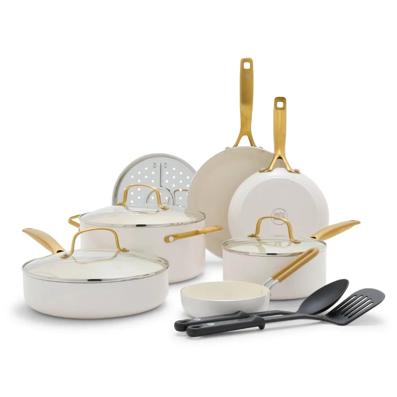 

Blue Diamond White 12 Piece Nonstick Aluminum Pot and Pan Cookware Set, Gold