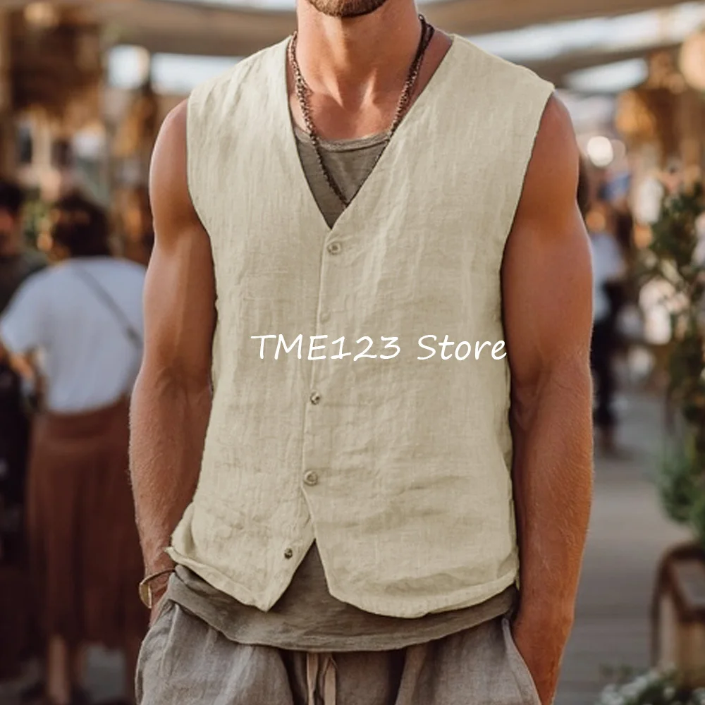 NONE Dünne Arbeitsweste Veston V-Ausschnitt Gilet Männer Leinen Mode Anzug Einreiher Westen Mann Casual Weste für Mann Anzüge Blazer 3