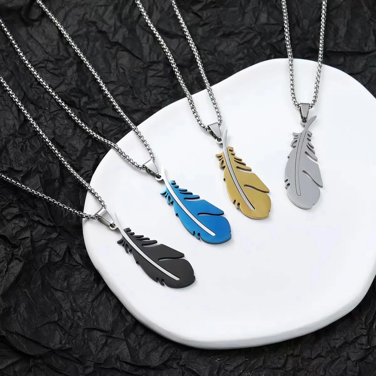 Herren-Halskette mit Feder-Anhänger aus Edelstahl für Damen, Hiphop, Rock-Gliederkette, Schmuck, Geschenk