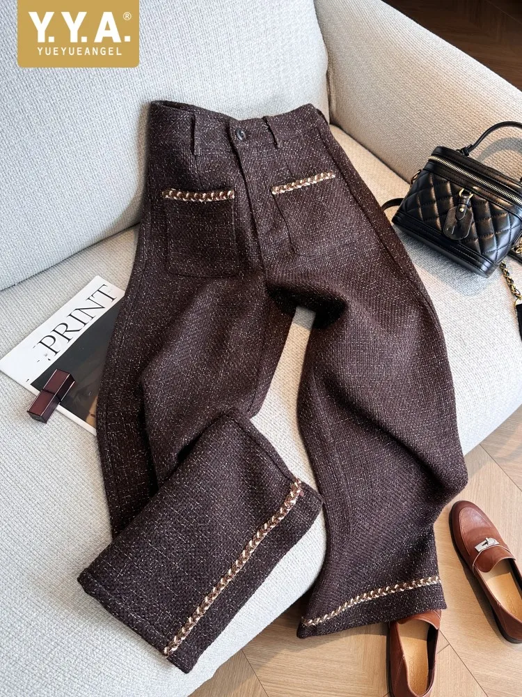 Frauen Mode Kaffee Farbe Tweed Hose Tasche Hohe Taille Casual Hosen Büro Damen Gerade bein Volle Länge Hosen Heißer verkauf