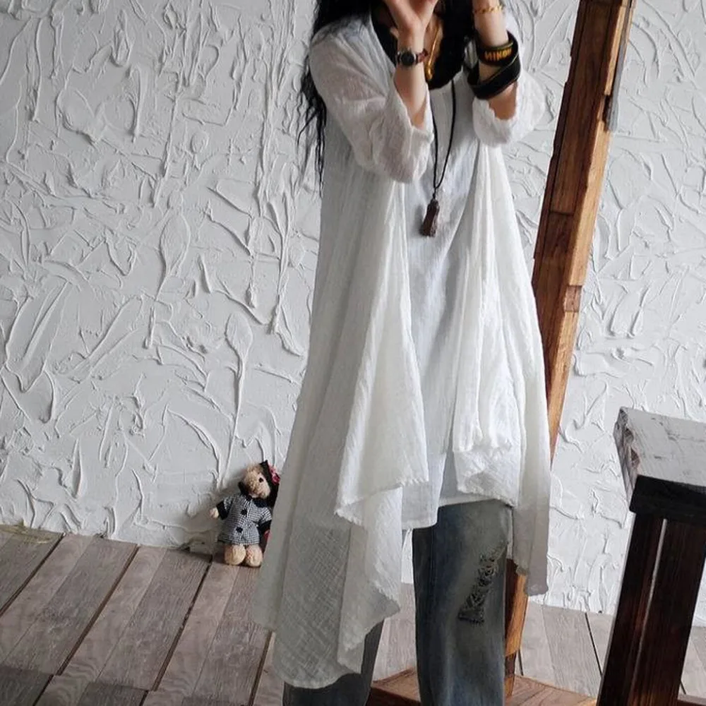 Letní volná bavlna, lněná dlouhá opalovací bunda, kabát, pevný, nepravidelný, ležérní, otevřený steh, ženy, vintage tenký kabát, topy, svrchní oblečení - náhled 2