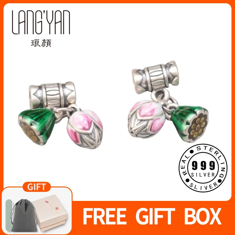 

Подвеска-бусина Langyan из стерлингового серебра 999 пробы в форме лотоса, в китайском стиле, с эмалью, для самостоятельного изготовления браслетов и украшений, PZ020