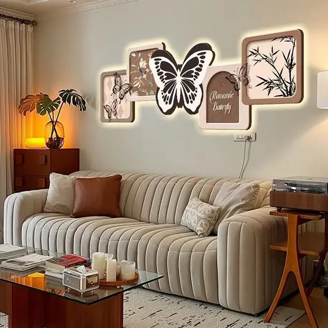 Middle ancient style living room decoration painting, high-end feeling, luminous lamp painting, 2026 new butterfly mural paintin