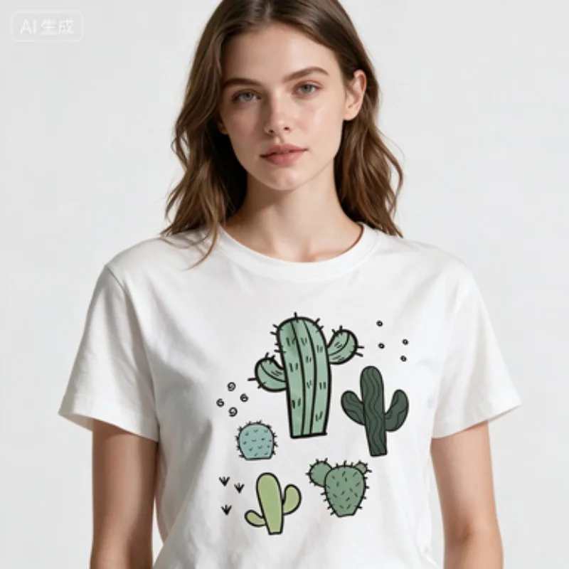 Camiseta informal holgada para mujer, camiseta de manga corta a la moda con estampado de cactus, camiseta con cuello redondo, Top holgado de verano para mujer
