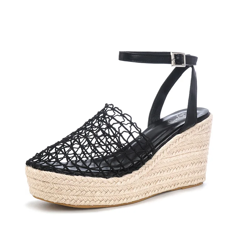 

Women Sandals White Platform Heels For Woman Knitted Mesh Close Toe Wedges Shoes Black High Heels Block Bohemia Sandals Femme