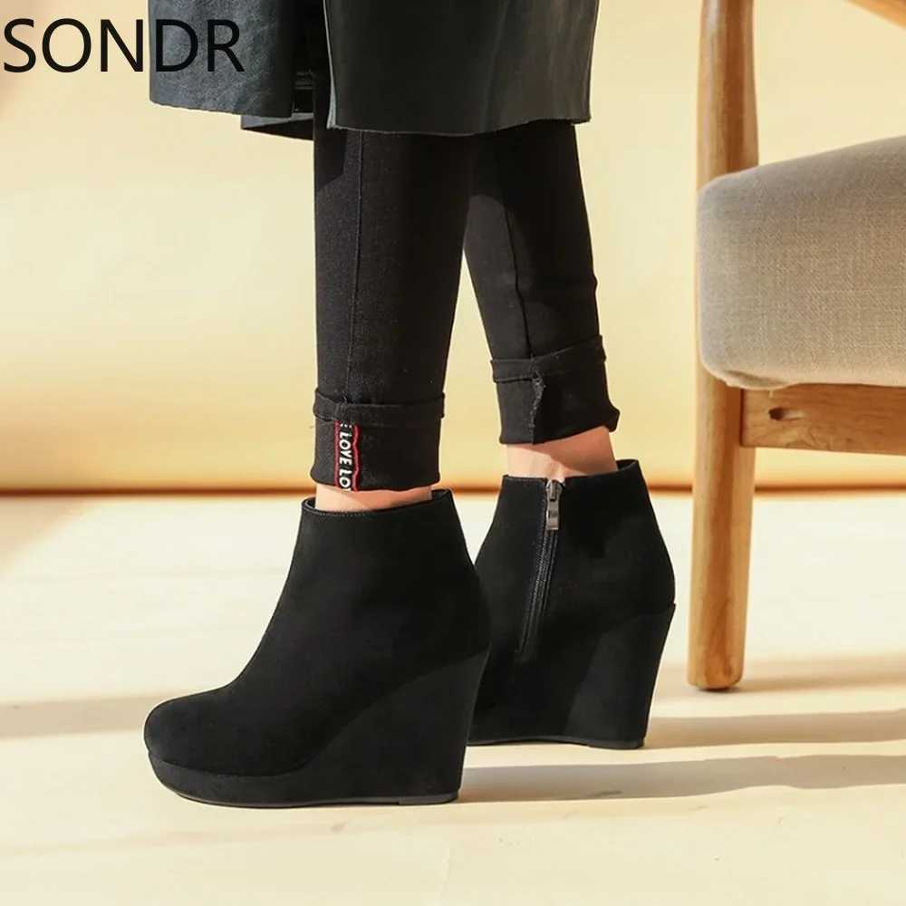 Womens Platform Ankle Boots Wedge High 12CM Heel Genuine Leather Shoes Warm Winter Side Zip Black