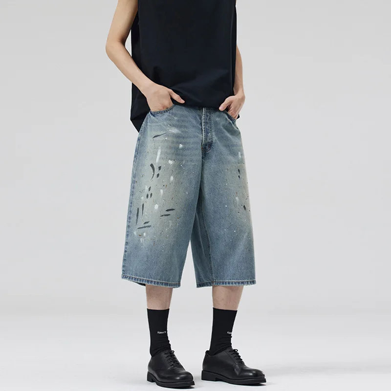 

Summer American Vintage New Fashion Men's Light Blue Splashed Ink Casual Trendy Simple Calf Length Jeans Pants Denim Trousers