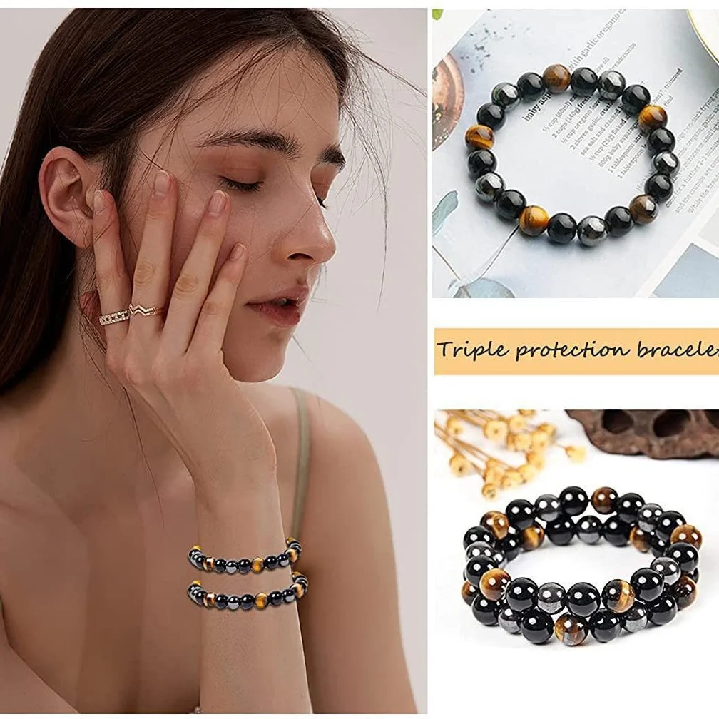 Natural Black Onyx & Tiger Eye Beaded Bracelet for Men, Elastic Energy Stone Bangle, Protection & Wealth Symbol