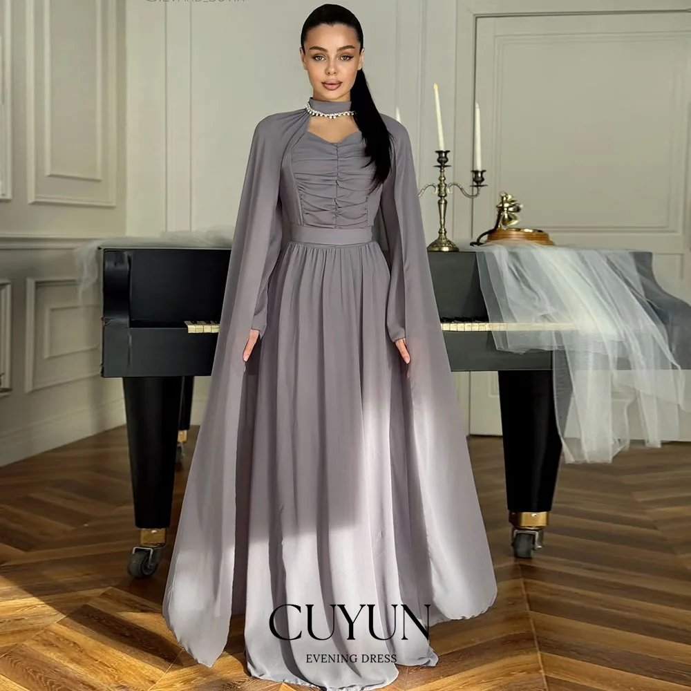 

CUYUN High Collar Beading Evening Dresses Cape Sleeves Saudi Kuwait Long Prom Dresses Customized Chiffon Party Gown 2026