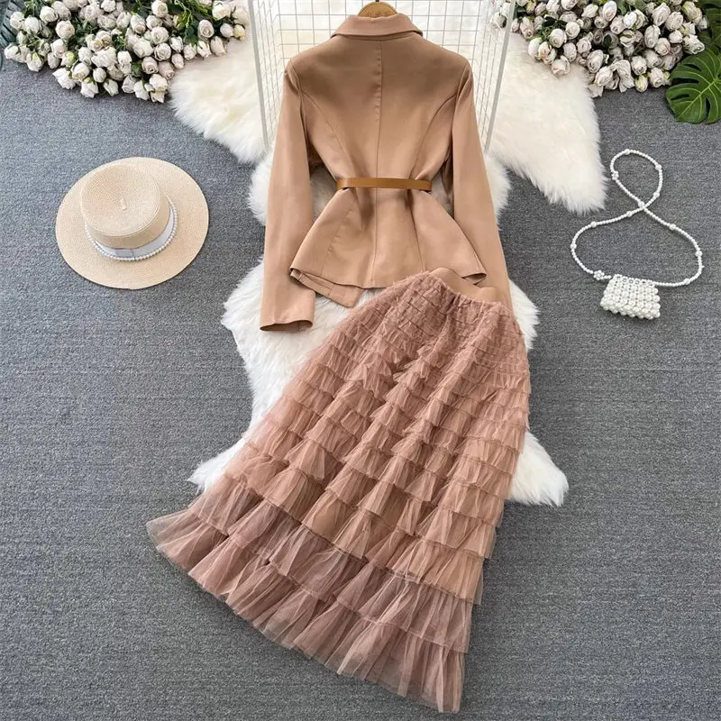 Fashion Set Celebrity Temperament Blazer Suit Coat Two Piece High Waist Slim A-Line Mesh Cake Skirt Fashion Elegant Outfit Z3778