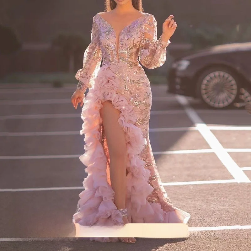 Seksowna długa suknia ślubna z tiulu Dr 2023, nowa, niezależna marka, różowa, z trenem, zdobiona koralikami, z wysokim stanem, z koronki, damska moda.