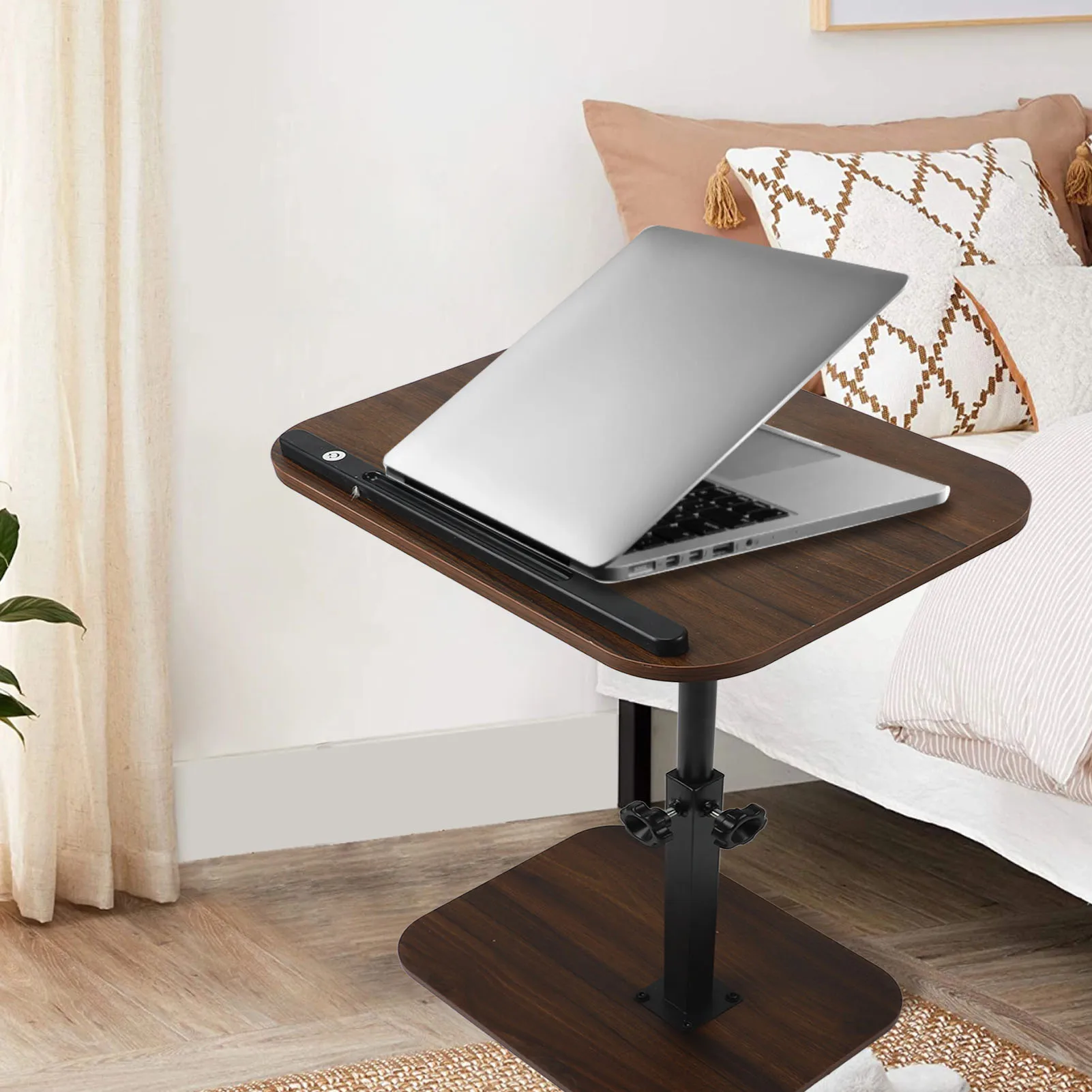 طاولة جانبية على شكل حرف C من الفولاذ الكربوني، سطح خشبي موفر للمساحة، تعديل ارتفاع الطاولة للأريكة #2