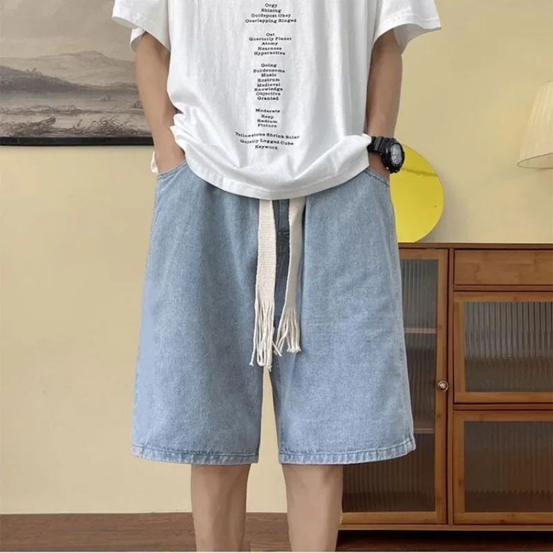 

Long Big Size Man Denim Shorts Short Jeans Pants for Men Oversize Half Loose Wide Drawstring Bermuda with Pockets Baggy Xl Xxxl