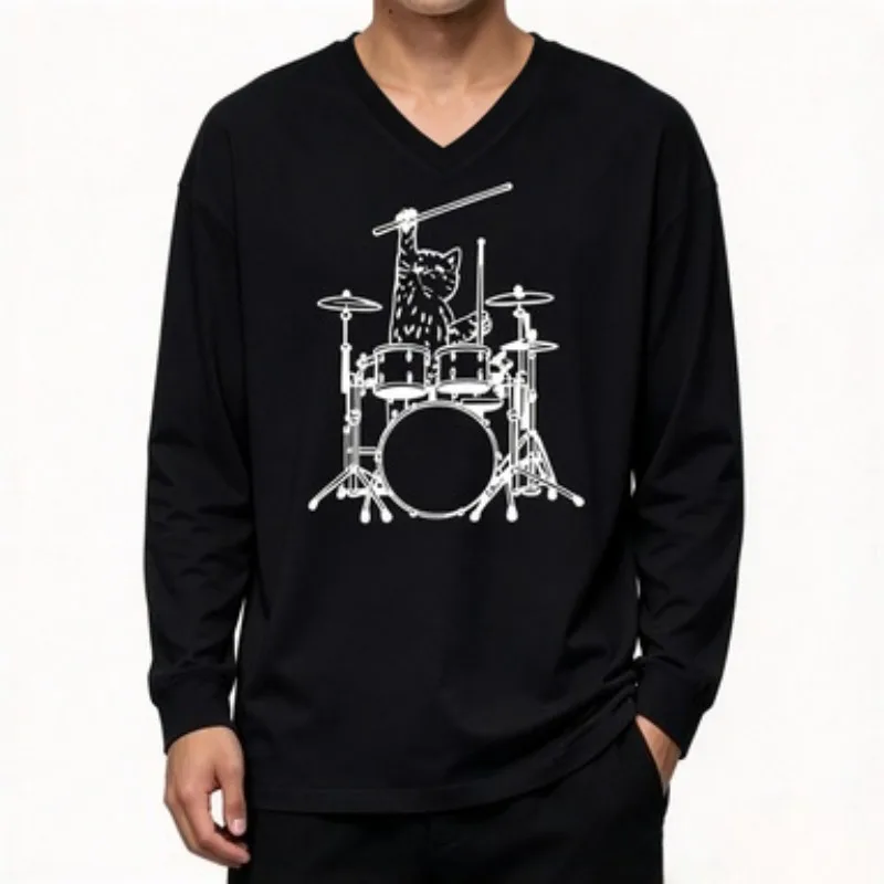 Camiseta de manga larga con cuello en V y estampado gráfico de un gato tocando la batería, diseño unisex, para hombres y mujeres, de corte amplio, con un divertido estampado de animales, ideal para un estilo casual y urbano.