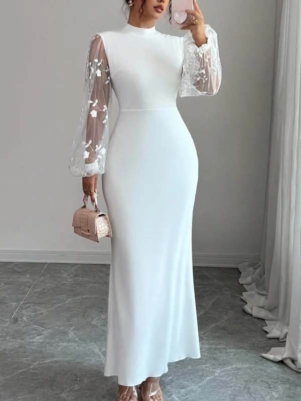 크리스마일 여성용 우아한 이브닝 하이넥 드레스 2026 바디콘 화이트 가운 시어 메쉬 소매 포멀 파티 섹시 시크 맥시 드레스