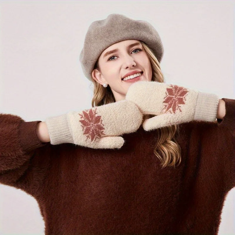 따뜻하고 두꺼운 자수 장갑 여성용 가을 겨울 니트 장갑 (양털 안감 및 이중 레이어 방한 손가락 장갑 포함)