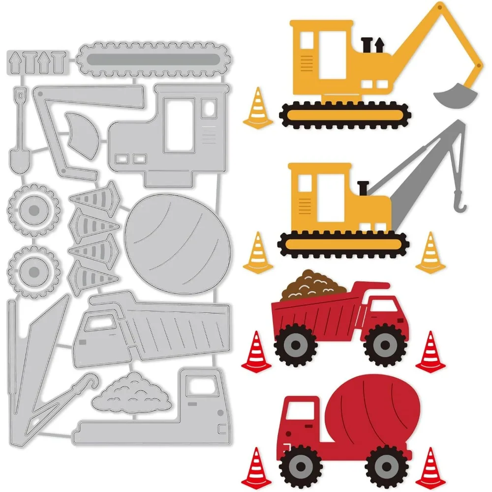 Car Truck Cut Die Crane and Tanker Embossing Template Cones and Wheel Die Cut Construction Vehicle Cut Die for Child Boy