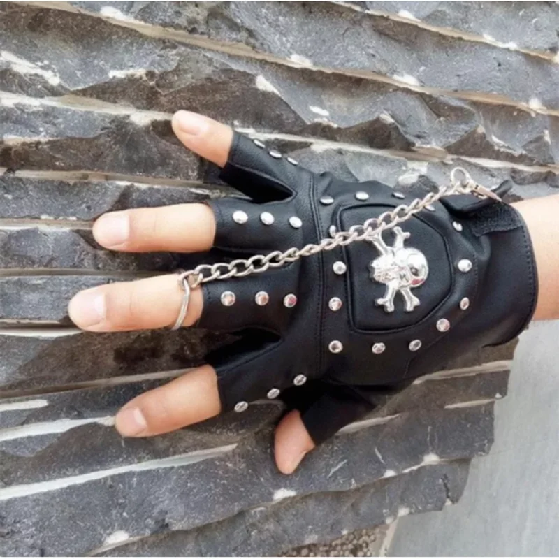 The New Punk Gothic Leather Pair Fingerless Biker Sports Mountain Gloves With Cranium Studded For Men 1 Pair