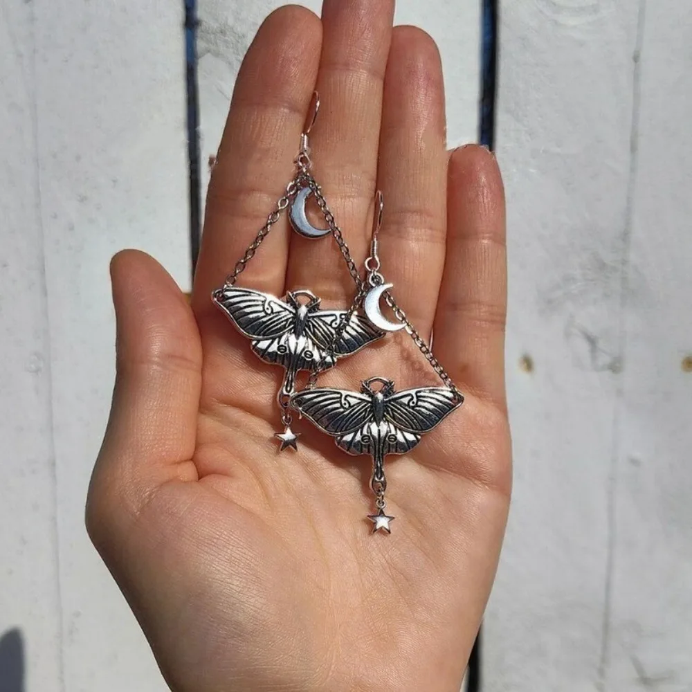 White Crystal Pendant Silver Color Star Tassel Carved Moth Dangle Earrings for Women Gothic Witchcraft Style Aesthetics Jewelry view 3