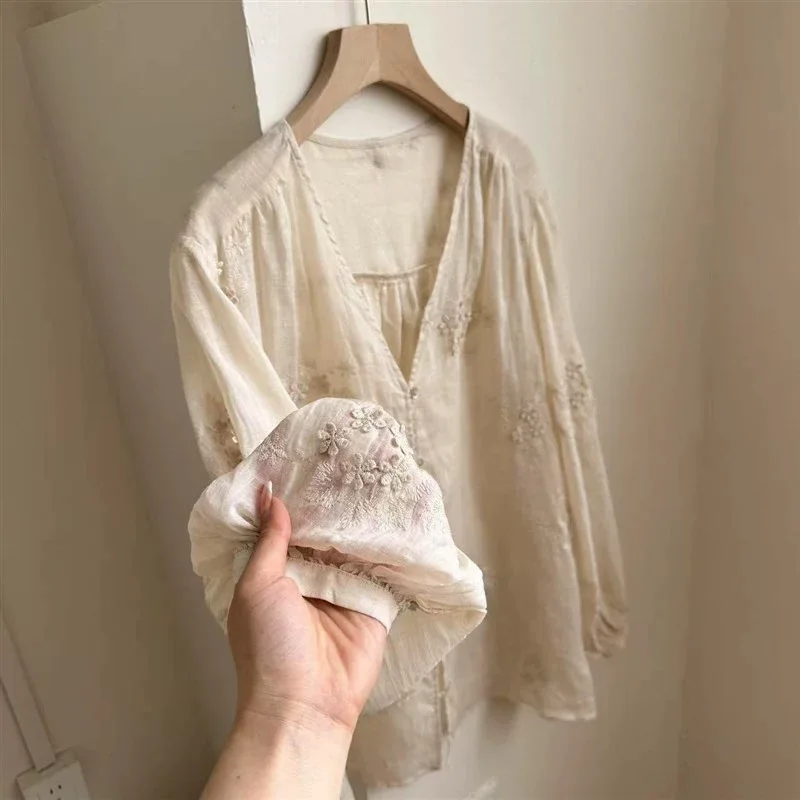 

French Beige V-neck Splicing Embroidered Lace Shirt Blouse Women's Spring And Autumn Long Sleeve Holiday Casual Beach Top Blusas