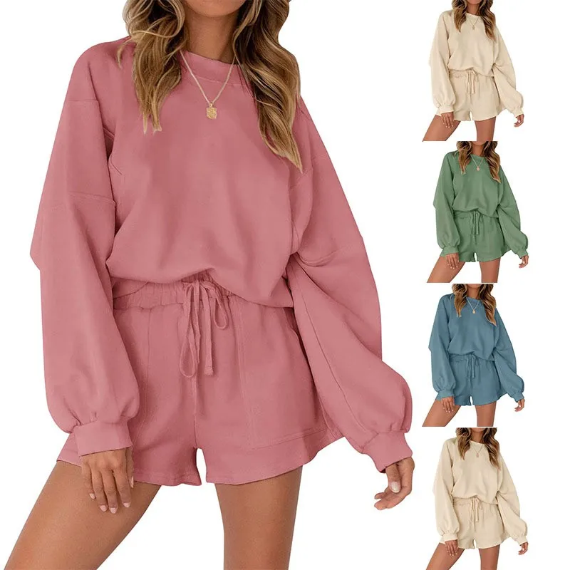 

Fashion Women 2 Piece Set Outfit Solid Color O Neck Suits Casual Tow-Piece Sets for Women Autumn Long Sleeve Top and Shorts Sets