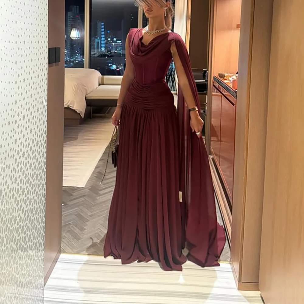 

Вечернее платье в Дубае, индивидуальное платье с v-образным вырезом и накидкой на рукавах, плиссированное шифоновое трапециевидное платье длиной до пола, бордовые вечерние платья 2025
