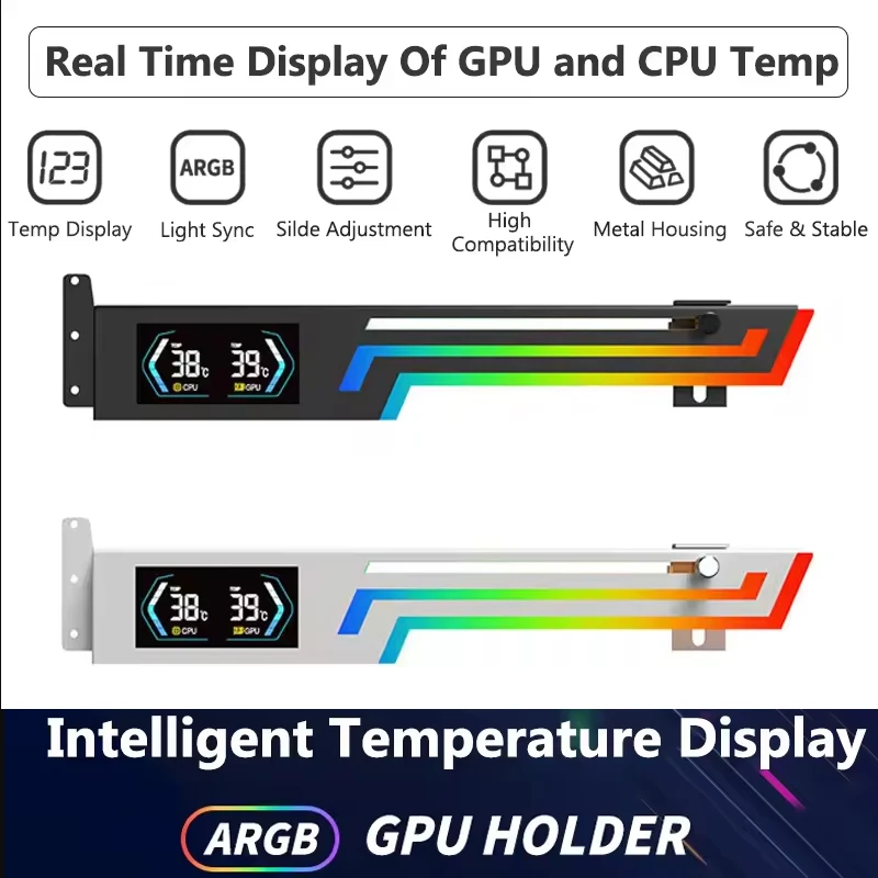 

ARGB Bracket Computer Graphics Card VGA Holder Z-X6 Graphics Card Temperature Display 5V 3-PIN Height Adjustable for Computer