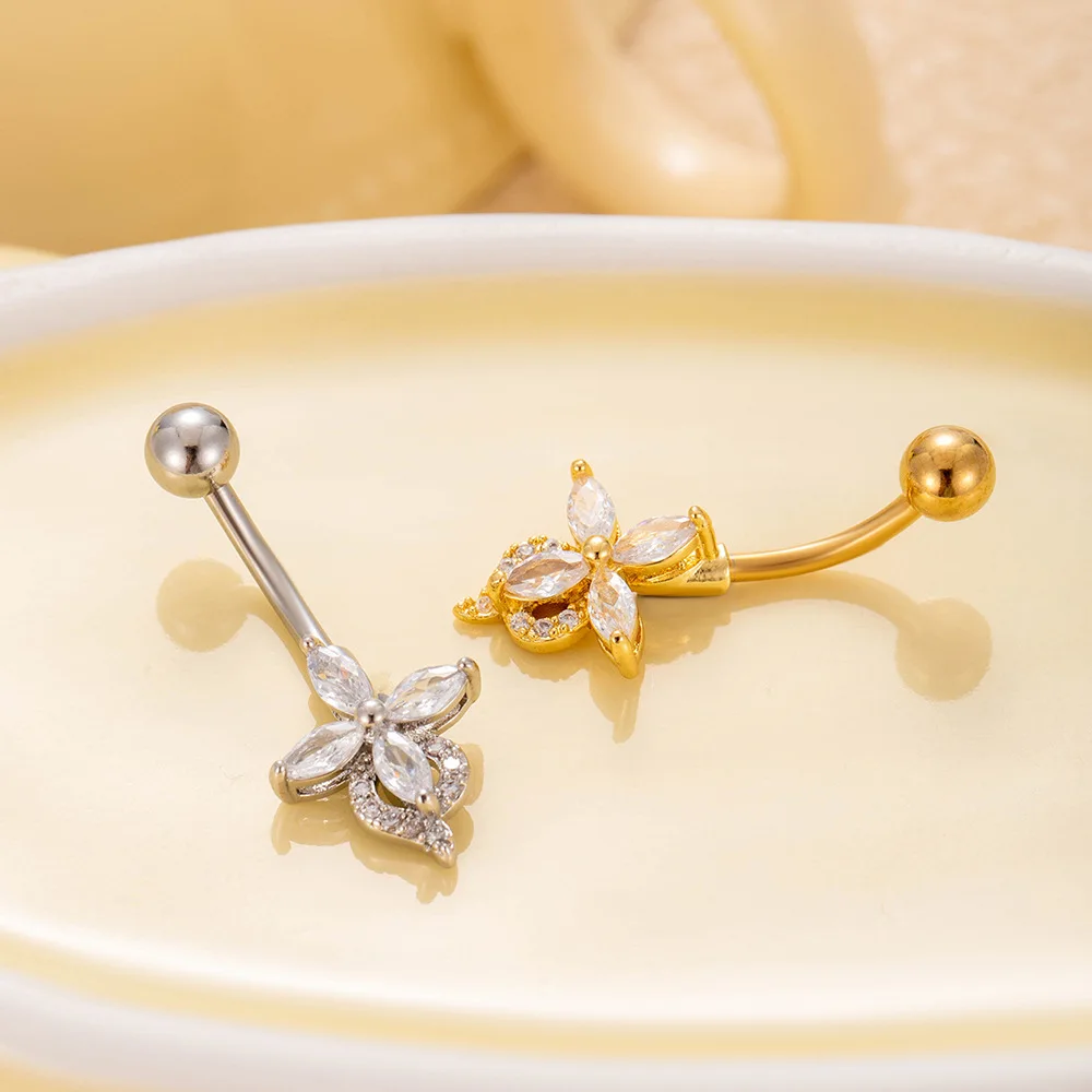 Nuevos pendientes antialérgicos de titanio para tumbona, anillos para ombligo, Piercing para ombligo, lazo, corazón, joyería de cristal redonda