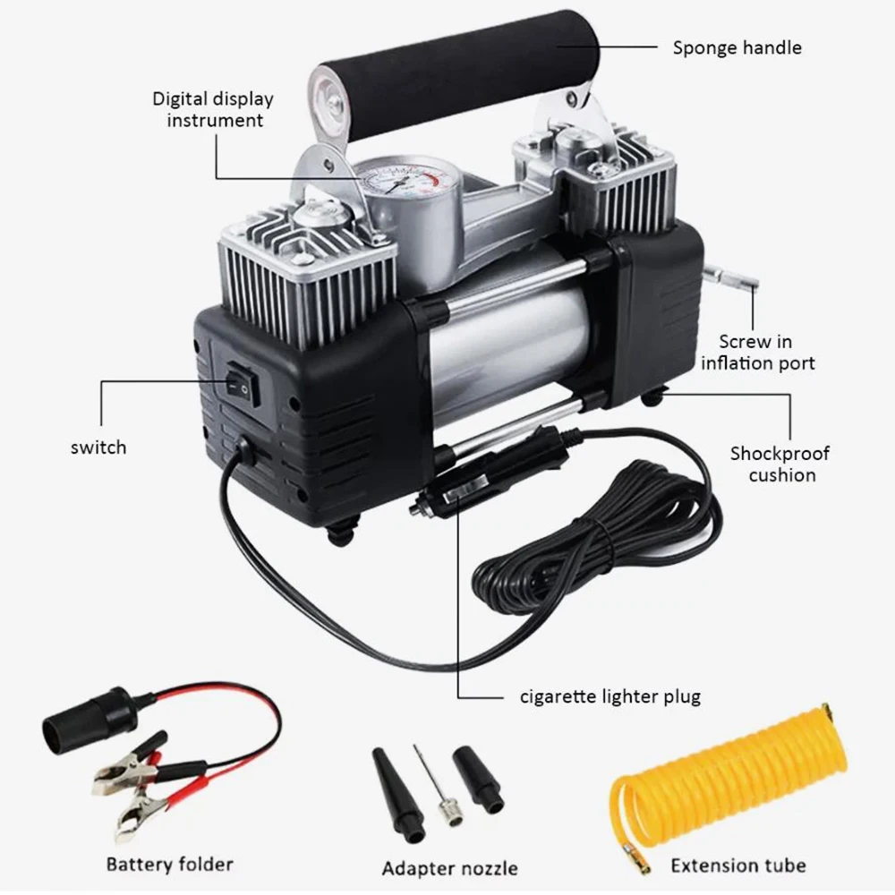 Heavy Duty 12V 150PSI Dual Cylinder Air Compressor Auto Tire Inflator Pump with LED Pressure Gauge for Car SUV Motorcycle Bicycle