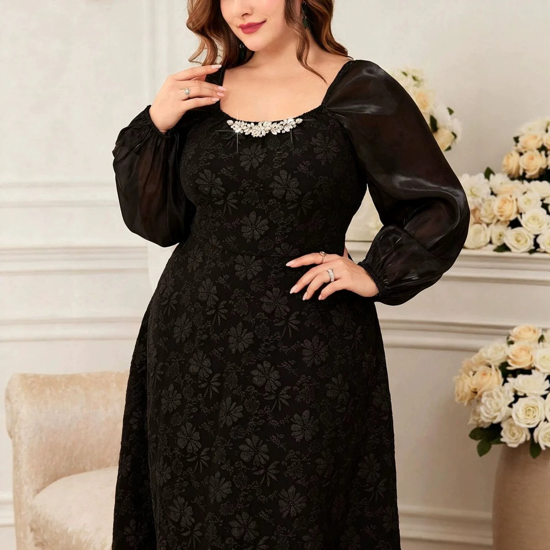 Plus-size Autumn Women's Elegant Black Jacquard Long Dress With Square Neckline, Lady Cloth Embellishments, And Puff Sleeves,