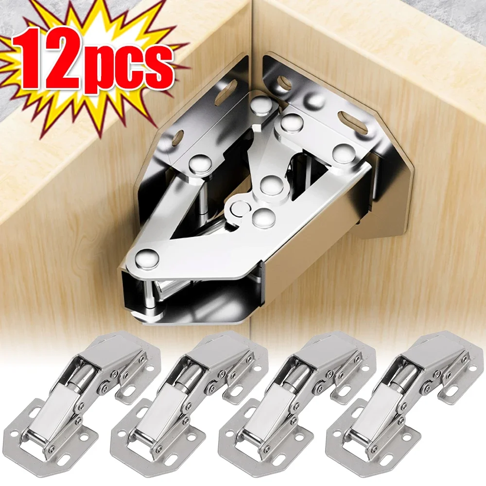 12-2PCS Cabinet Hinges 90 Degree No-Drilling Hole Cupboard Door Hydraulic Buffer Hinges Silver Furniture Cabinet Hardware Kits