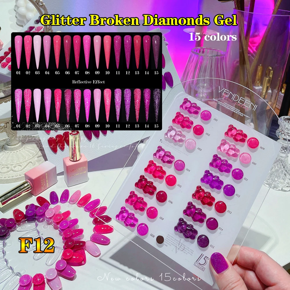 

Vendeeni 15 Colors/Set Glitter Broken Diamond Gel Nail Polish UV LED Red Sequins Manicure Nail Varnish With Color Card