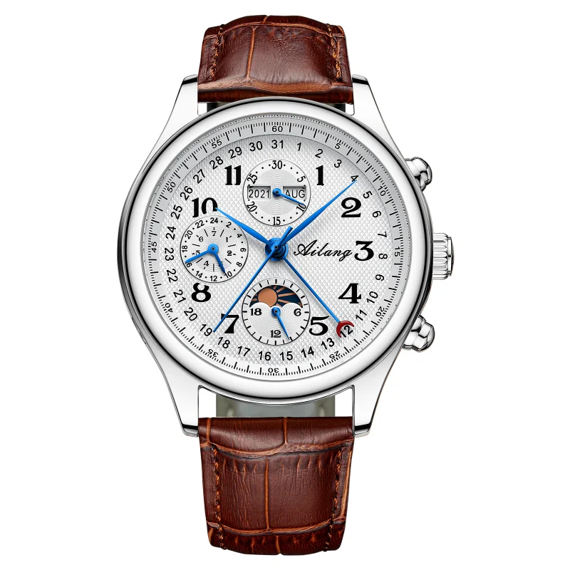

Новые автоматические механические часы бренда Ailang, оригинальные, с фазами Луны, многофункциональные, водонепроницаемые, с календарем, деловые наручные часы.