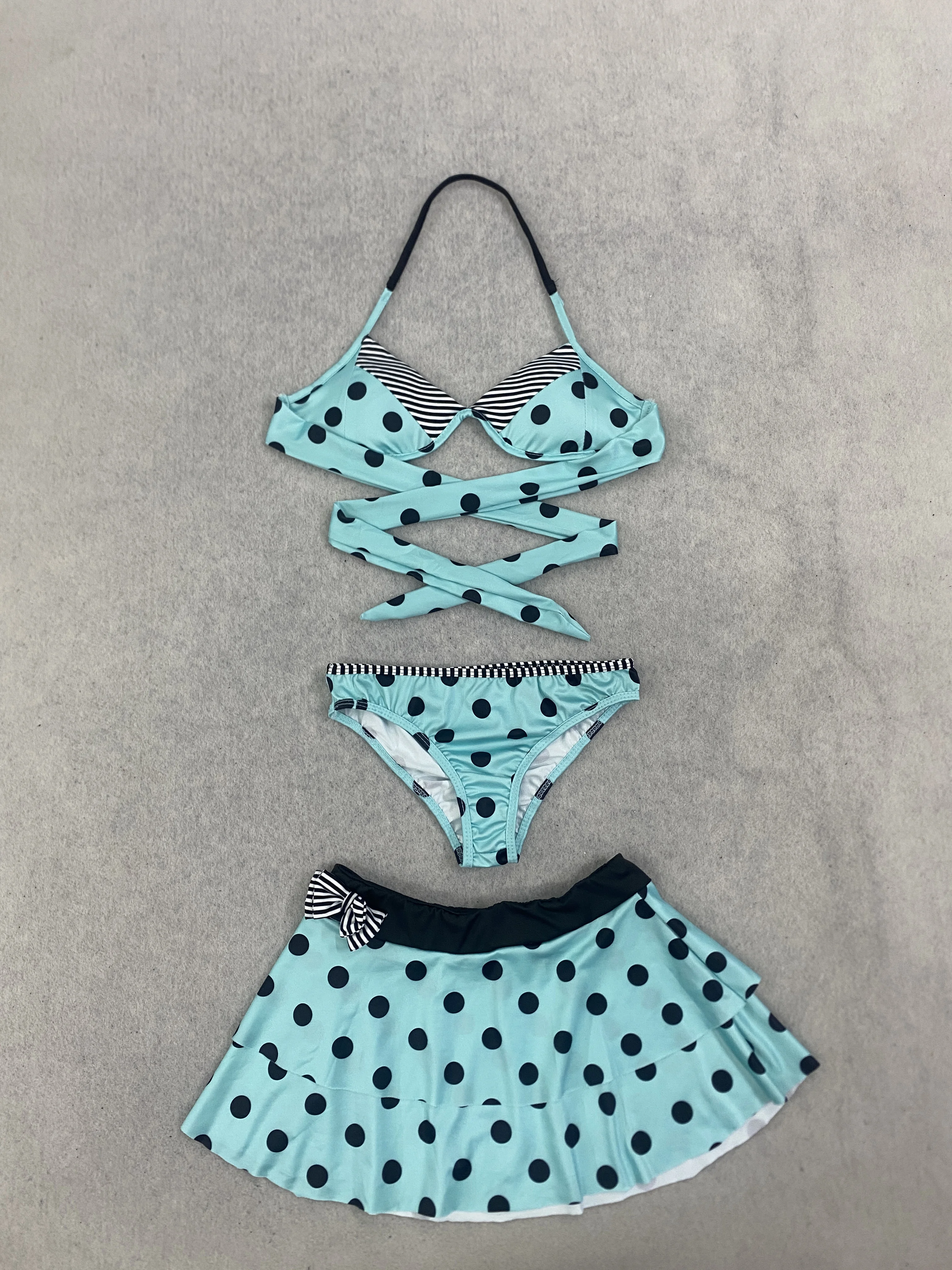 Light Blue Polka Dot 3 Piece Bikini Halter Wrap Tie Swimsuit Ruffle Skirt Beach Swimwear
