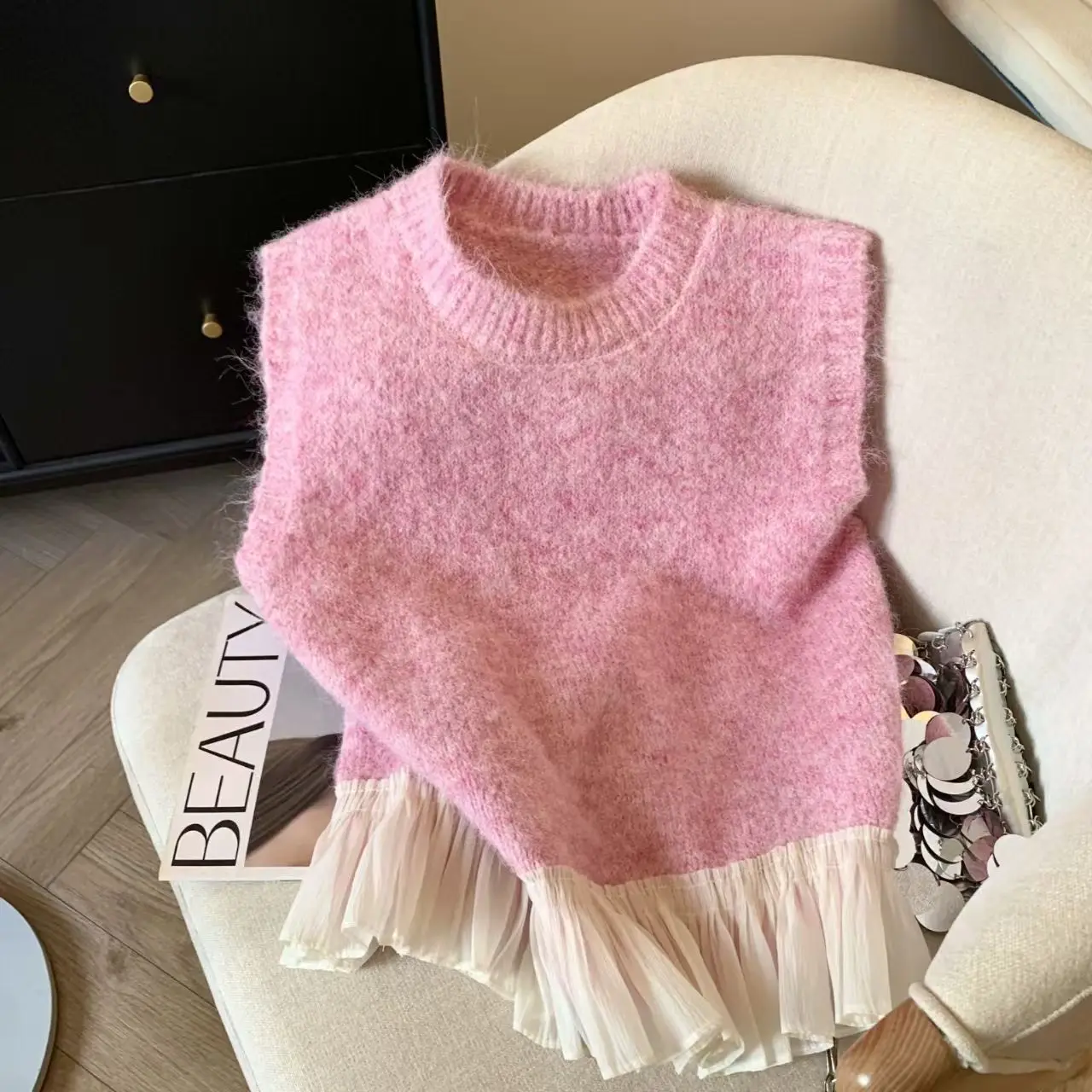 

Pink Patchwork Ruffled Knitted Vest Sweater Women Japanese Vintage Crewneck Sleeveless Female Waistcoat Chic Korean Tops 2025