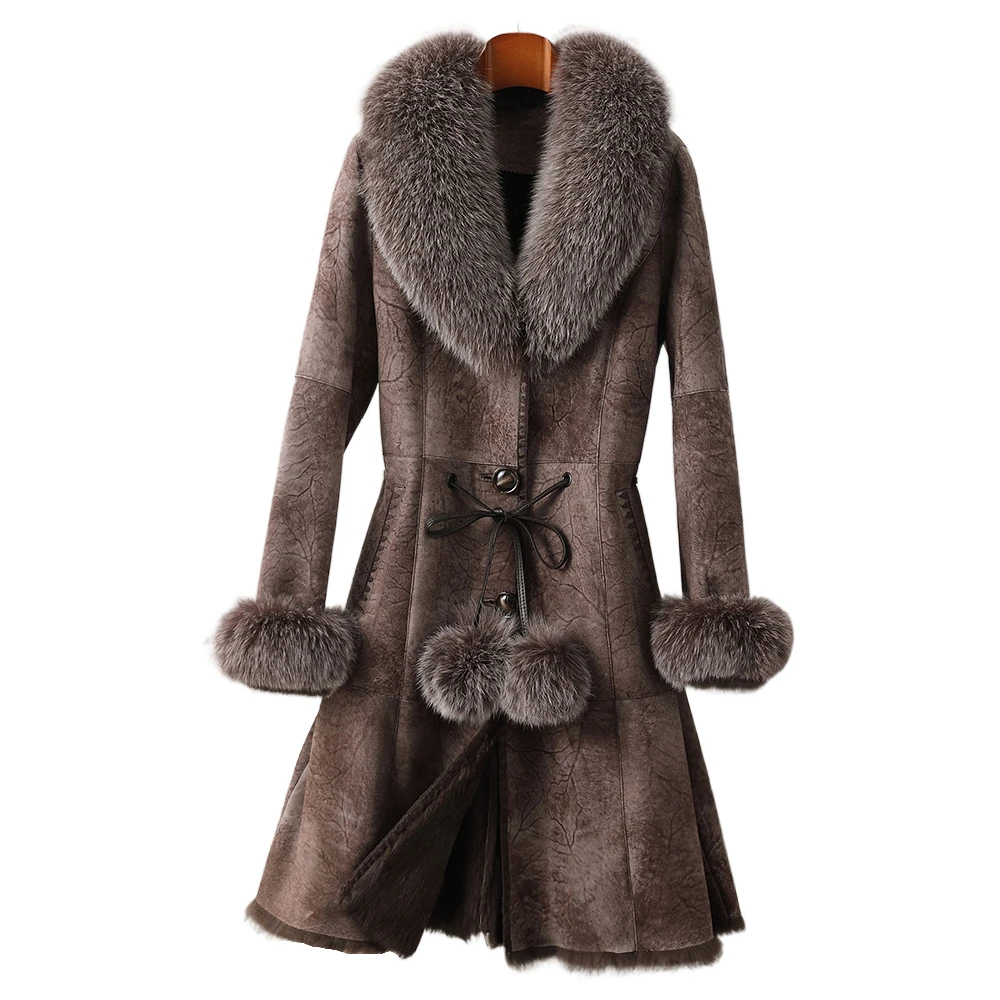 ZDFURS*Original Rabbit Fur Coat Women \'S Mid-Length Fox Fur Collar Slim Fit Waist-Tight Whole Skin Rabbit Fur Leather Fur Coat