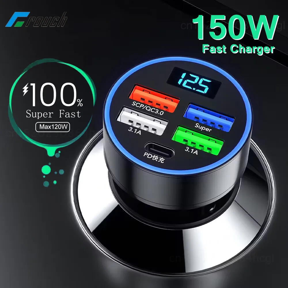 5 Ports 150W Car Charger Super Fast Charging PD QC3.0 USB C Fast Phone Charger in Car For iphone Samsung Huawei Xiaomi