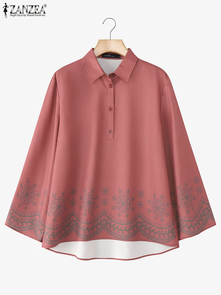 بلوزة قمصان نسائية عصرية بأكمام طويلة 2025 ZANZEA للخريف وطية صدر السترة مطبوعة بالورود بلوزات كلاسيكية غير رسمية فضفاضة أنيقة