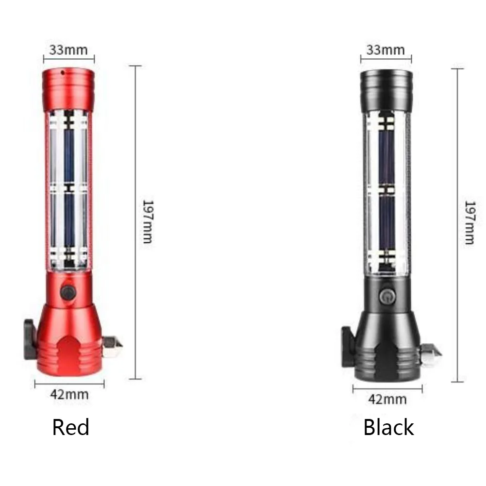 Solar Powered lanterna LED com Glass Breaker, liga de alumínio, impermeável, USB recarregável, emergência