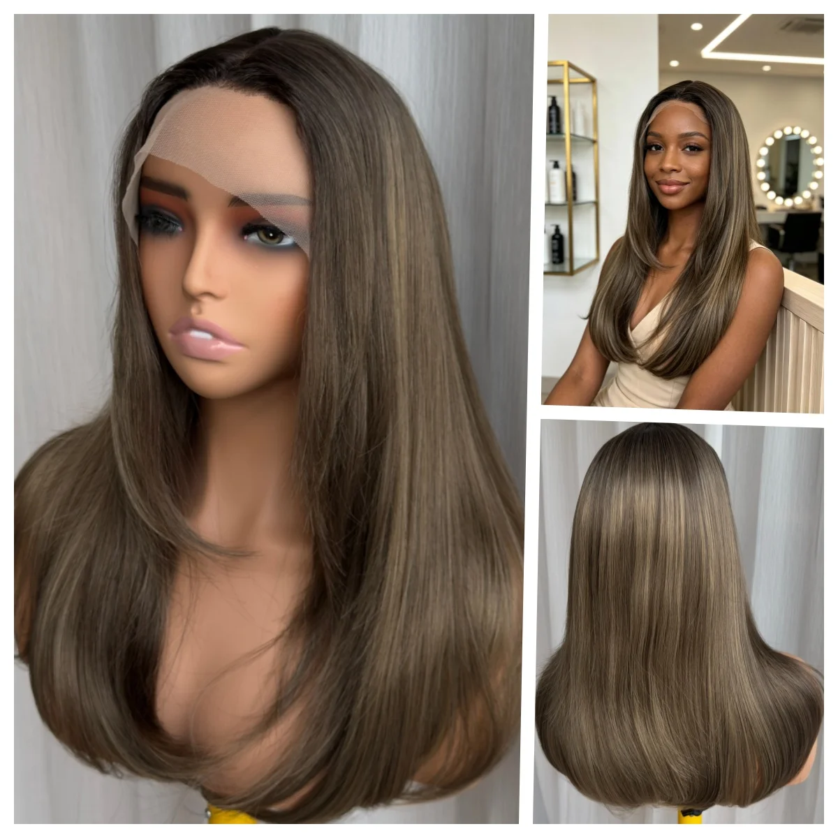 Synthetic Futura Lace Front Wig Dark Root Ash Highlight Long Straight Pre Plucked Hairline Heat Resistant Cosplay Halloween Wigs