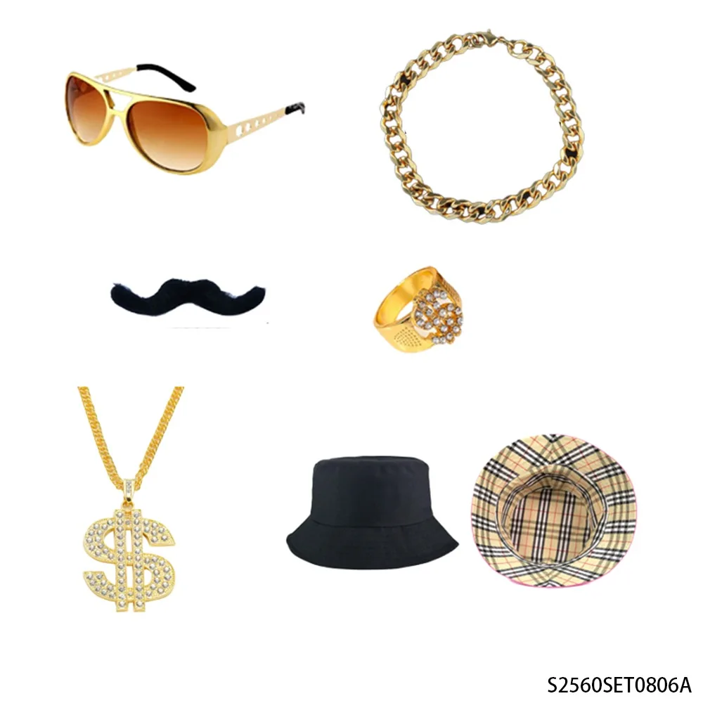

PESENAR 60s Themed Set Include Sunglasses, Bracelet, Beard, Gold Ring, Dollar Pendant Necklace, Fisherman's Hat
