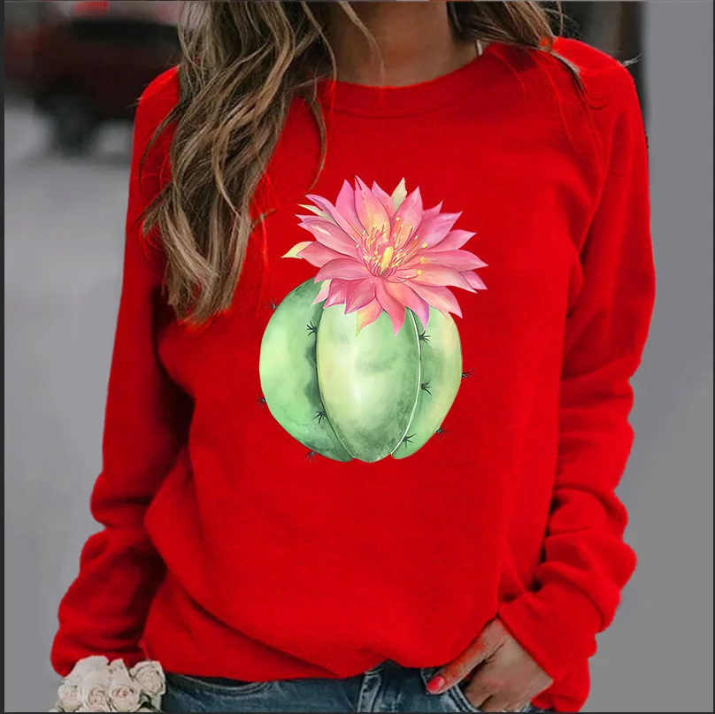 New Women's Hoodie European  Cactus Flower Printed Crew-neck Hoodie Sweatshirt  Streetwear Women