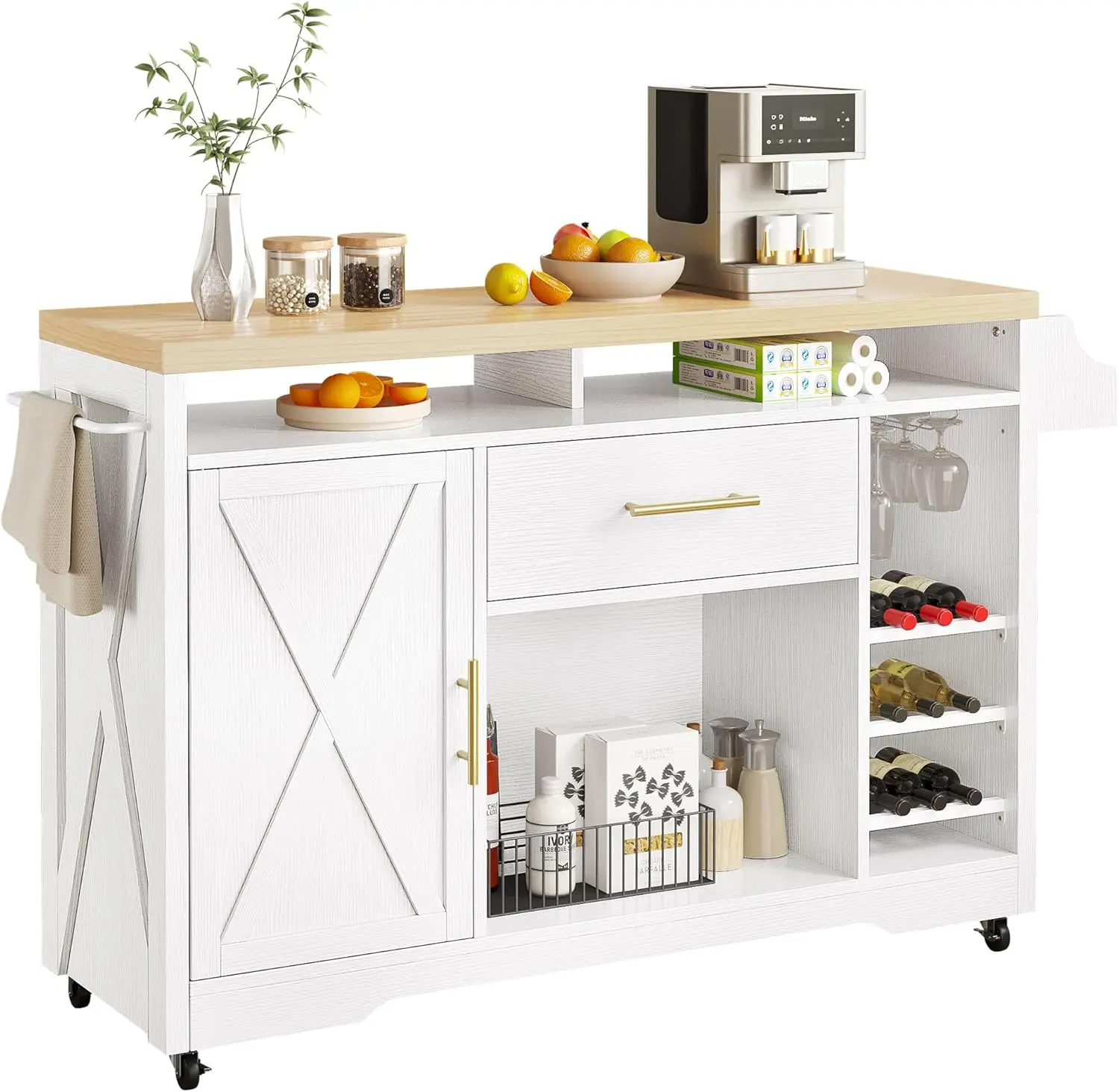 Dwvo 53 Inch Kitchen Island With Power Outlet & Wine Storage, Farmhouse Island Cabinet Portable Rolling Islands Cart On Wheels