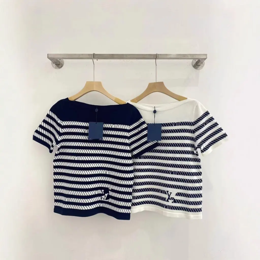 

Nanyou Gaoding Women's Off-Shoulder Slim Fit Sweater Short Sleeve Contrast Jacquard Design Home 25 Summer New