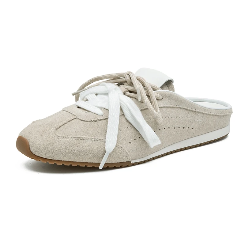 AIYUQI Women Suede Mule Sneakers Retro German Trainer Slip On Double Lace Flat Shoes Casual Backless Loafers Ladies Footwear