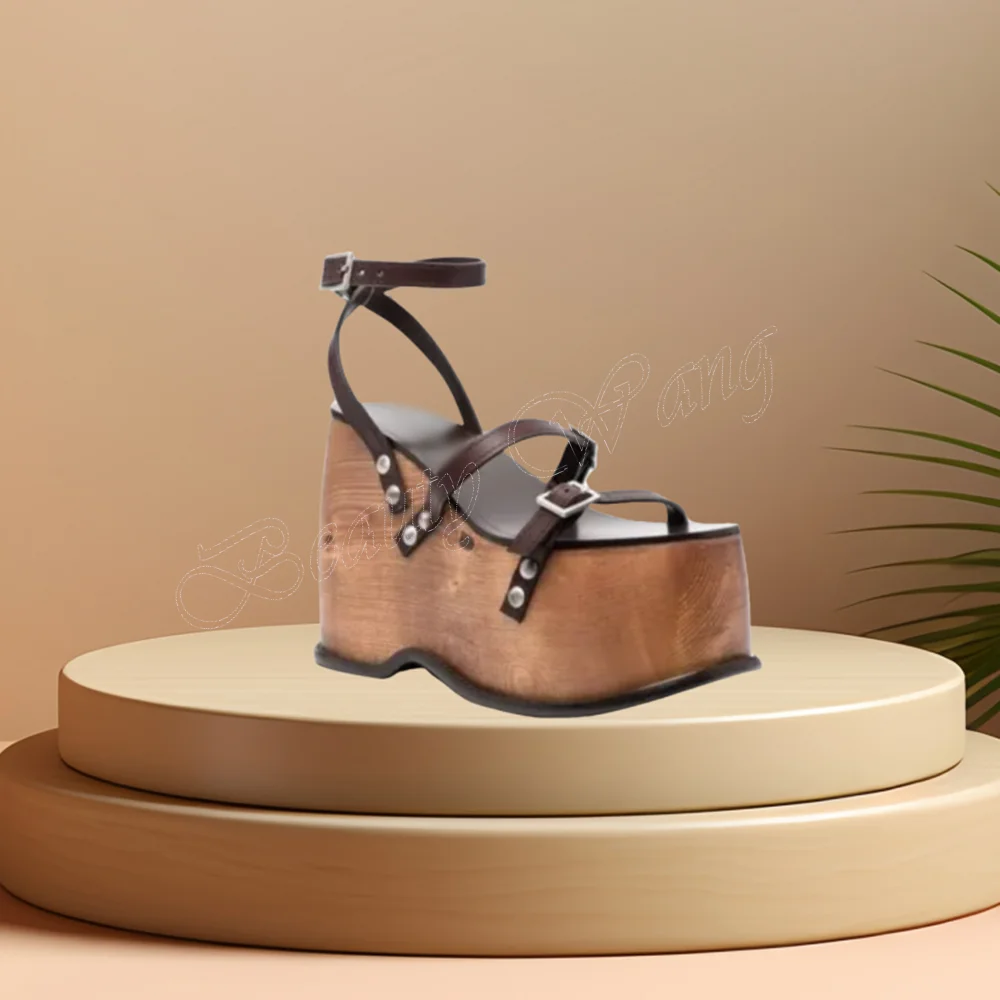 Brown Rivet Decor Sandals Wedges Heel Platform Shoes Ankle Buckle High Heel Shoes for Women High Heel 2024 Zapatillas Mujer